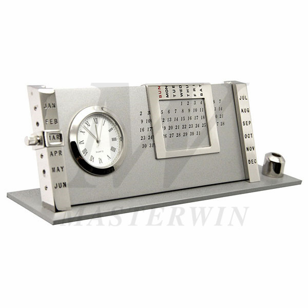 Metal Desk Clock with Perpetual Calendar and Pen Stand_733-02-P940-01
